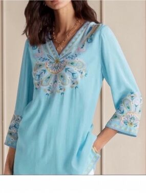 Soft Surroundings river Island Aqua Embroidered V-Neck Tunic size S